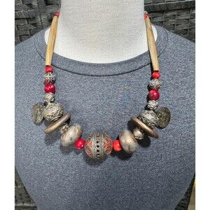 Moroccan Statement Necklace: Enamel Egg, Buffalo Horn Pipe & Discs 03YS00743